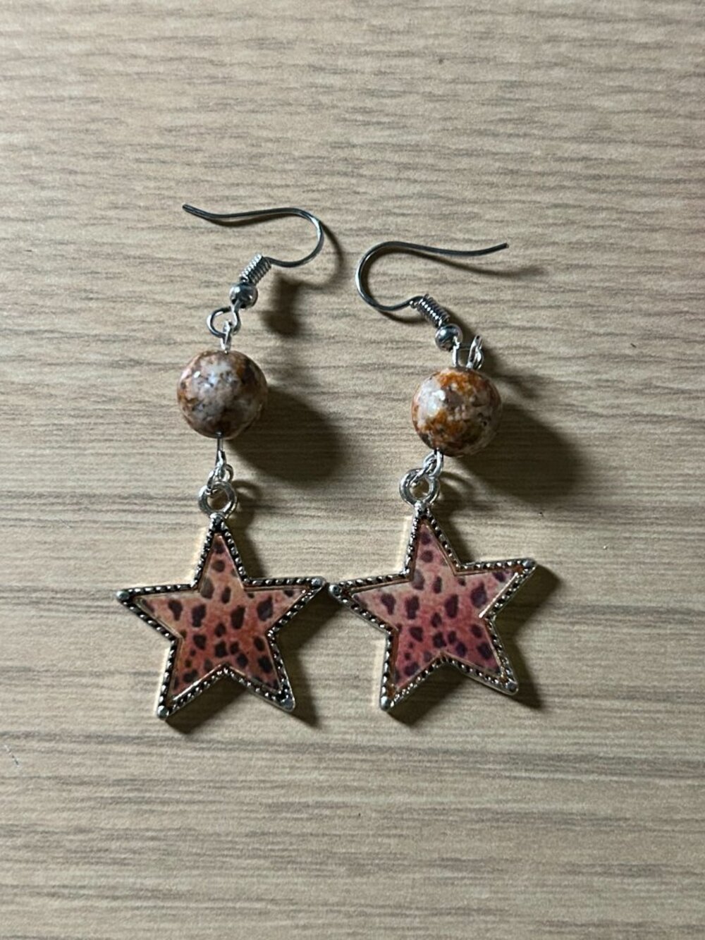 Handmade Leopard Print Star & Natural Jasper Stone Dangle Earrings